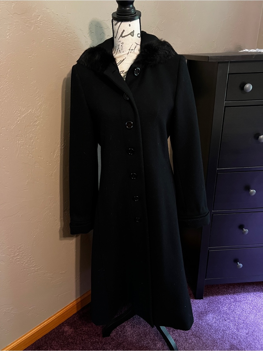 Worthington Black Fur Trimmed Hooded Wool Maxi Coat Size 8 Petite